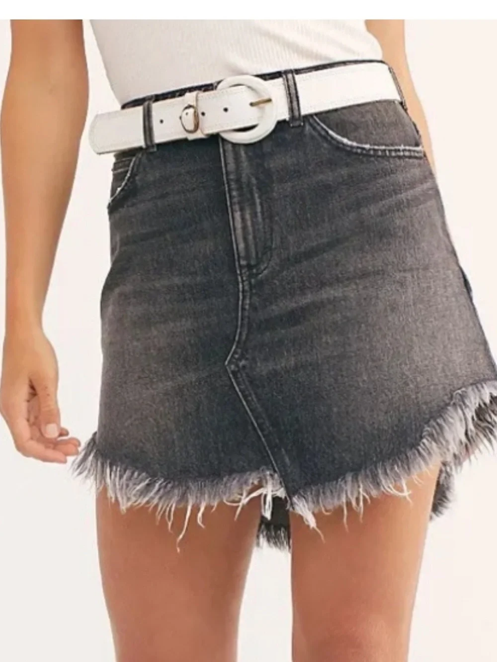 Free People Bailey Maverick Mini Frayed Denim Fringe Skirt Asymmetric 30 NWT